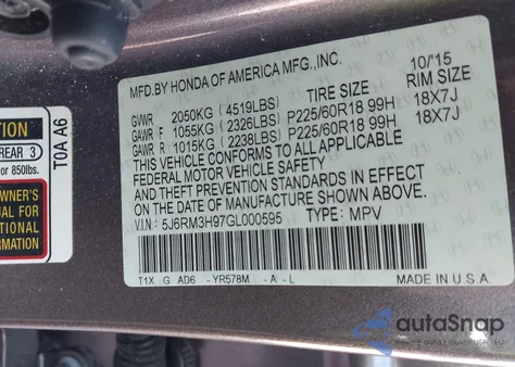 2016 Honda Cr-V Touring from USA, damaged, VIN 5J6RM3H97GL000595